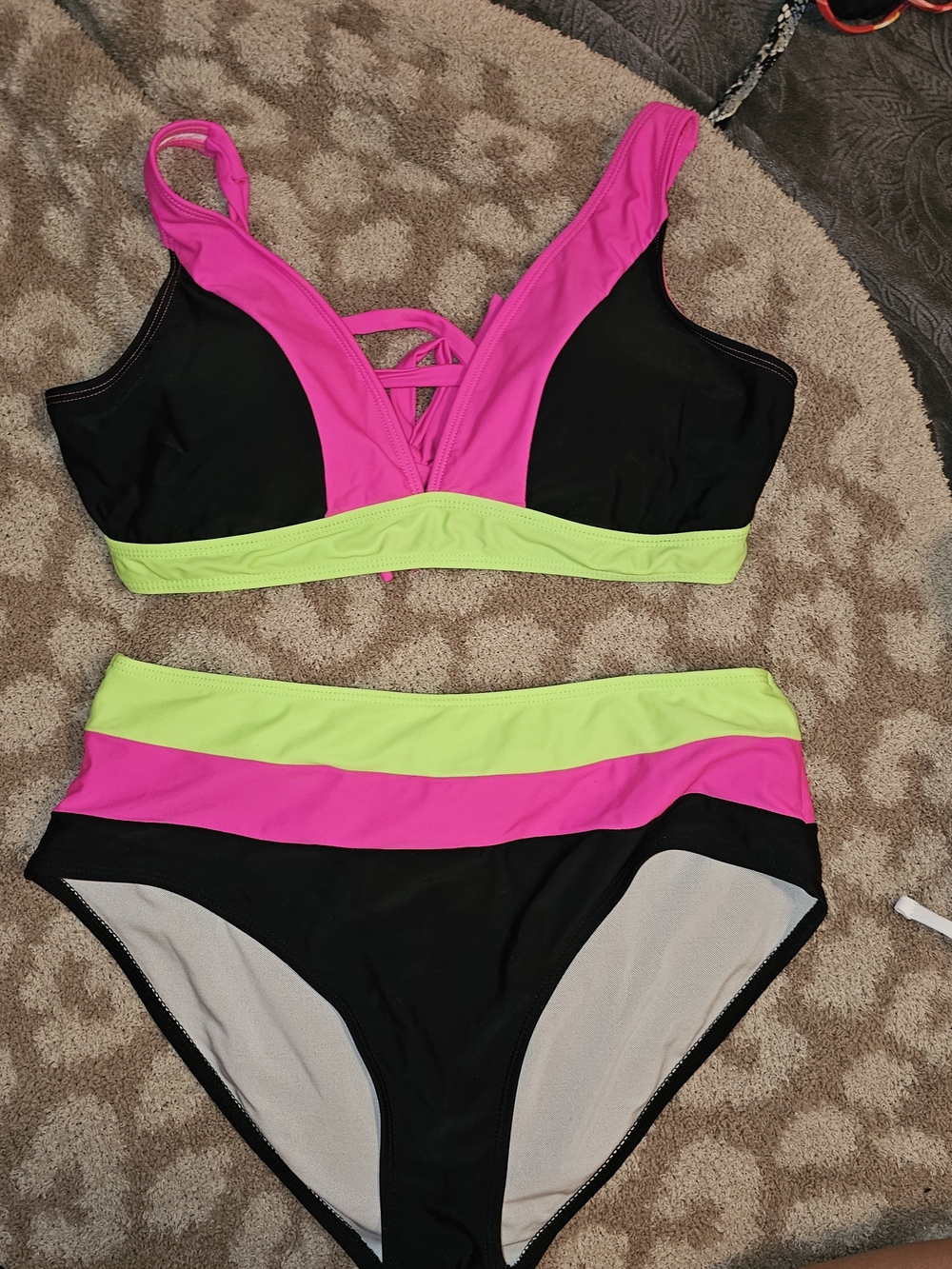 Women’s Colorblock High-Waist Bikini Set - Hot Pink & Neon Green